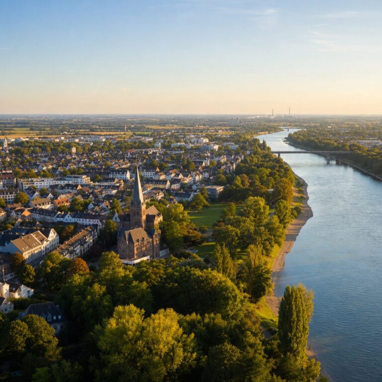 Luftaufnahme von Grevenbroich mit Kirchturm, Wohnhäusern, Bäumen und Flussufer.