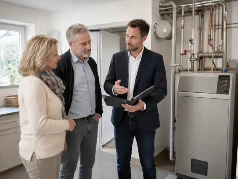 Eigentümer lassen sich beim Hausverkauf zu einer älteren Heizungsanlage beraten
