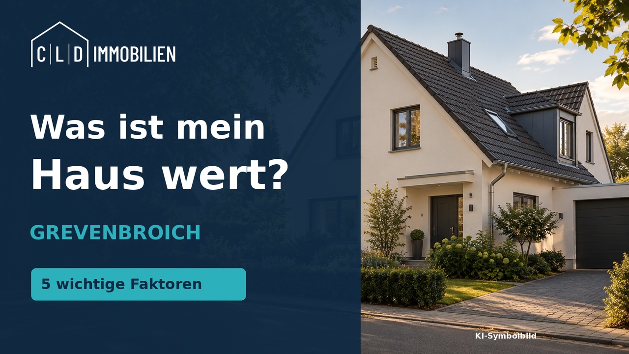 CLD-Erklärvideo: Was ist mein Haus in Grevenbroich wert? Fünf Faktoren, mit KI-generiertem Symbolhaus.